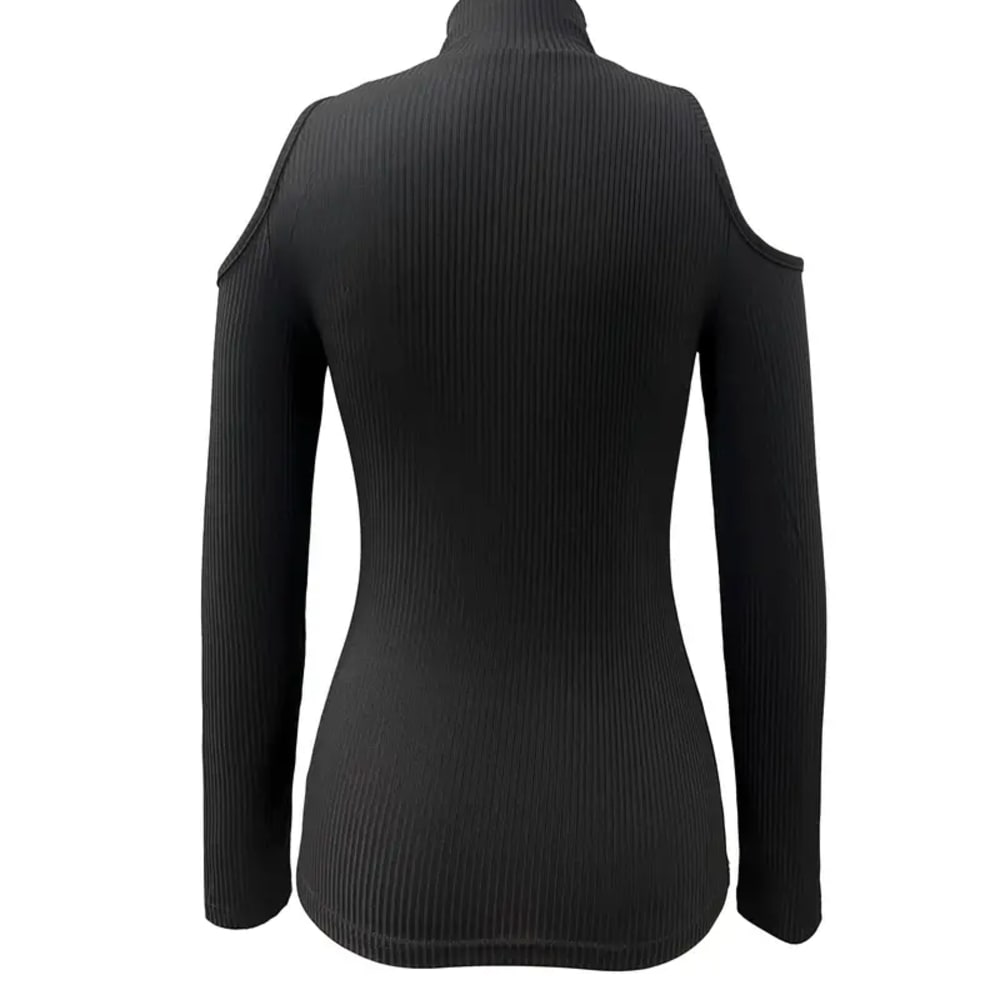 Women Ribbed Zip Front Mock Neck T-Shirt